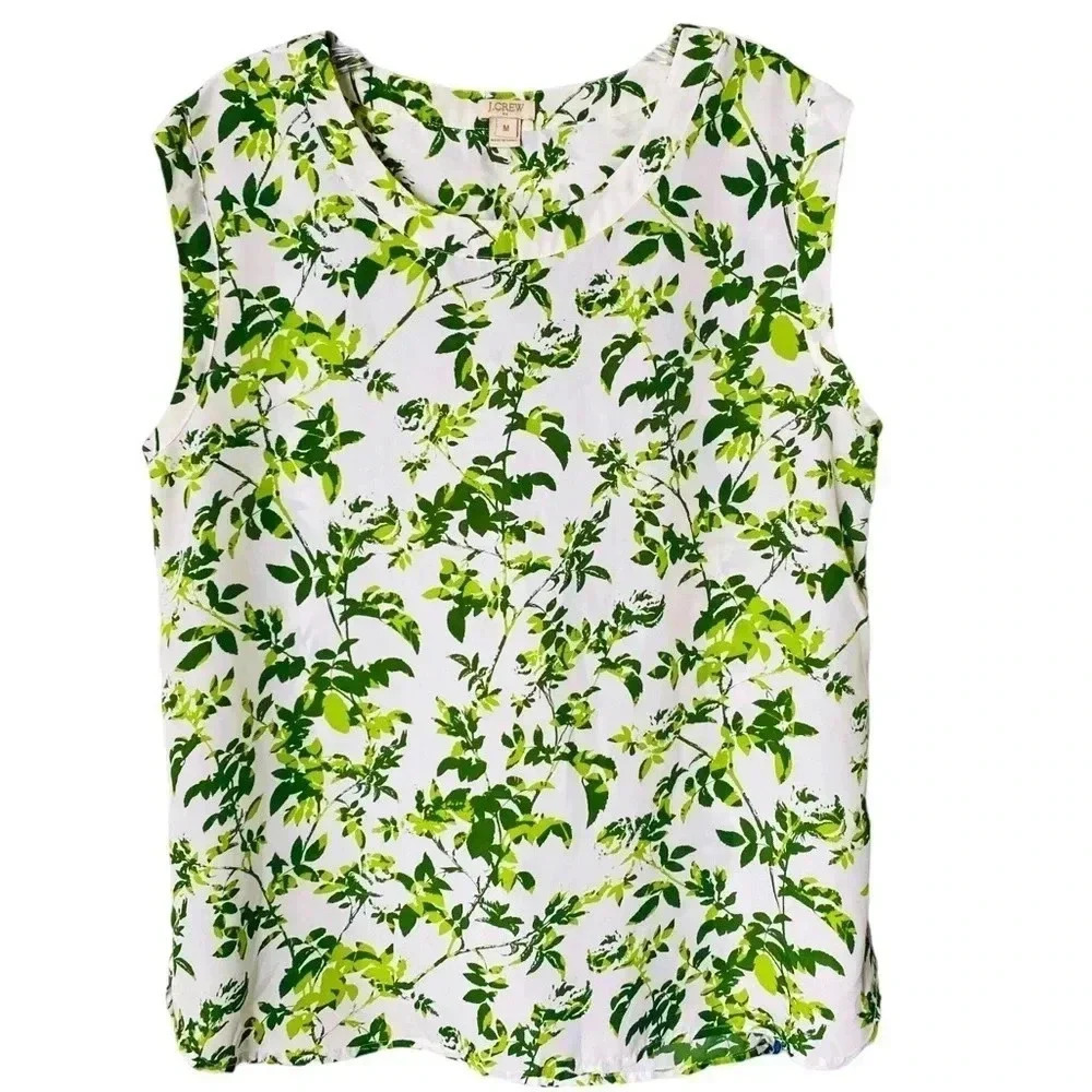J CREW | White with Green Leafy Print Sleeveless Crew Neck Chiffon Top Size M